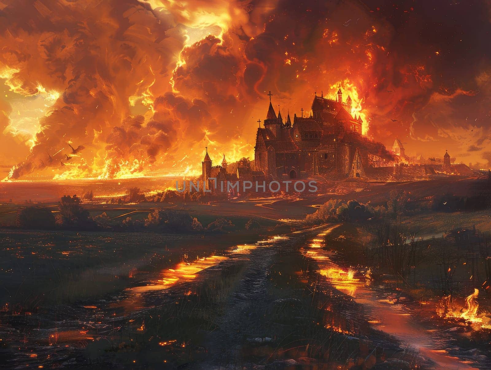 A castle on fire with a path leading to it, surreal city. The mood of the painting is intense and dramatic