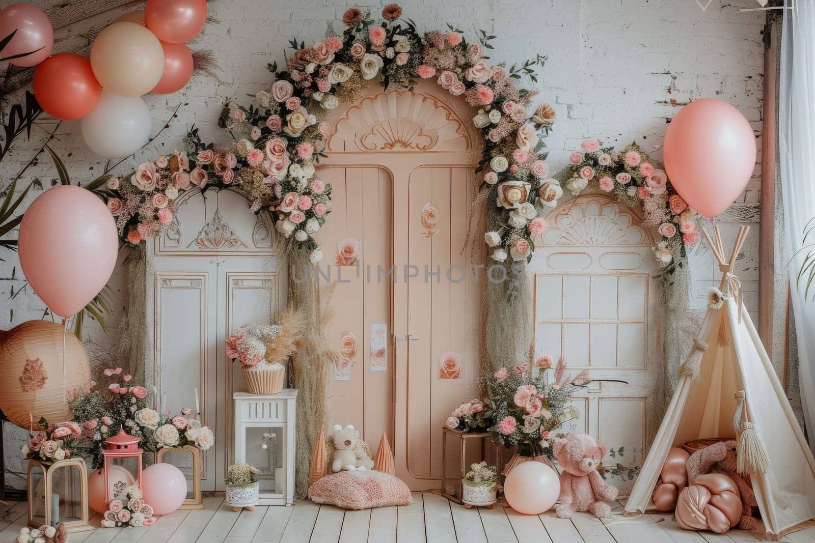 A pink and white themed party with a bear doll. The room is decorated with pink and white balloons and flowers