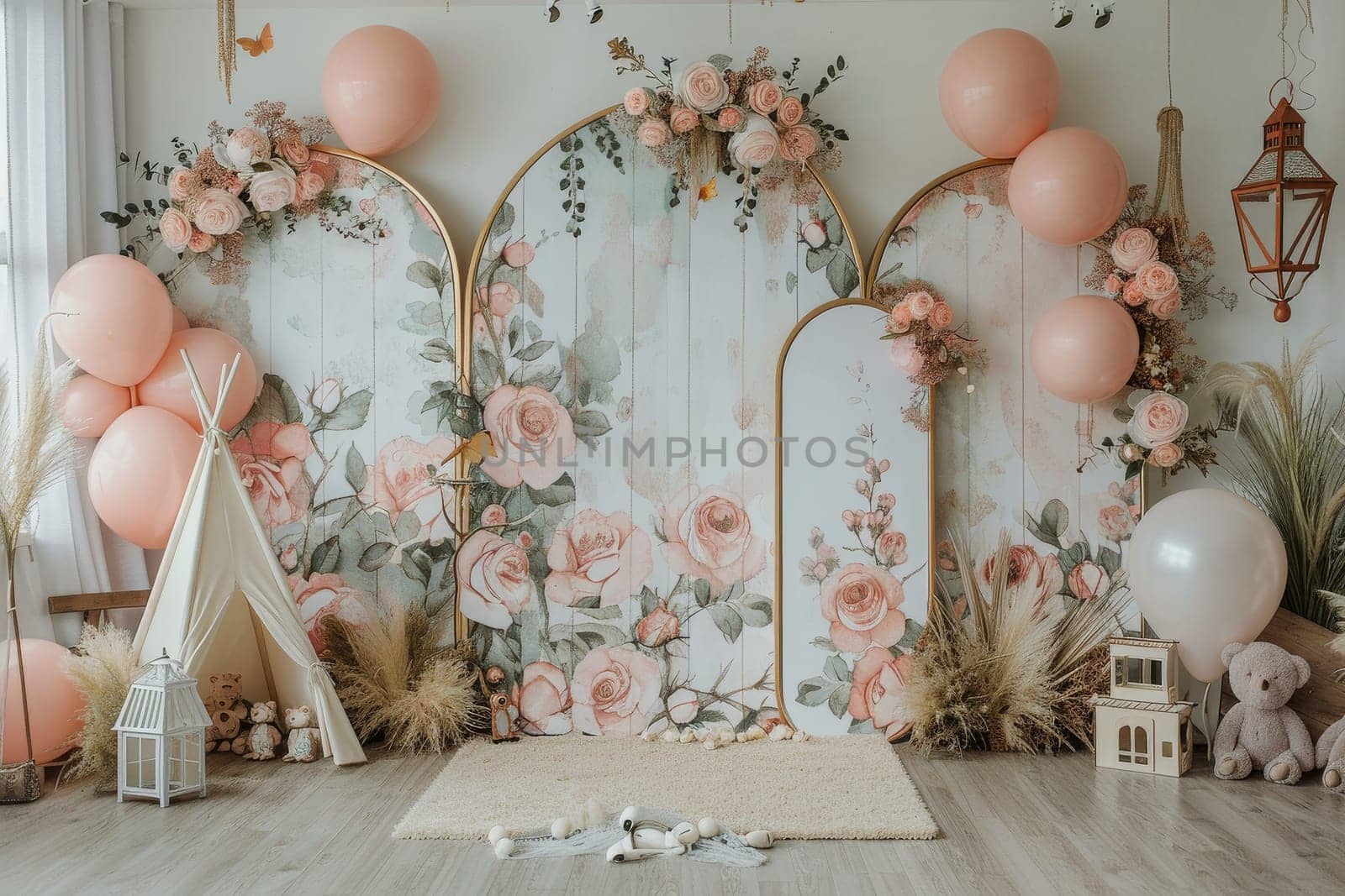 A pink and white themed party with a bear doll. The room is decorated with pink and white balloons and flowers