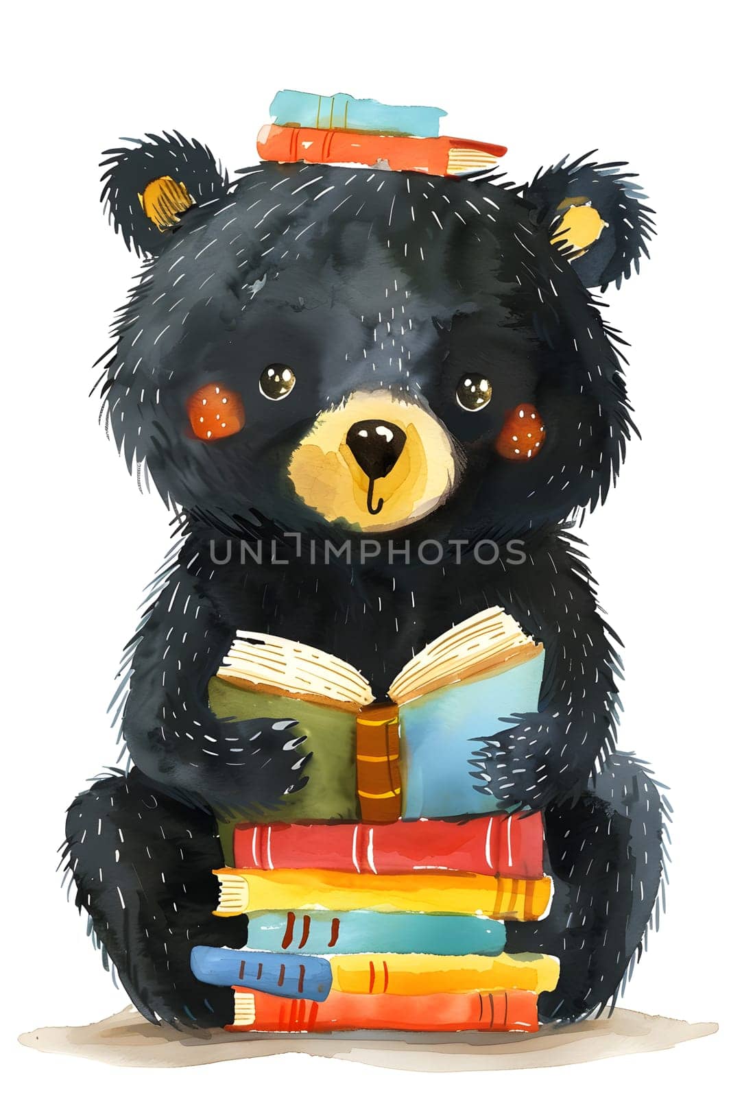 A black bear stuffed toy with fur is sitting on a pile of books, holding an animal figure book in its snout. The scene resembles a terrestrial animal reading, with an automotive tire nearby as art