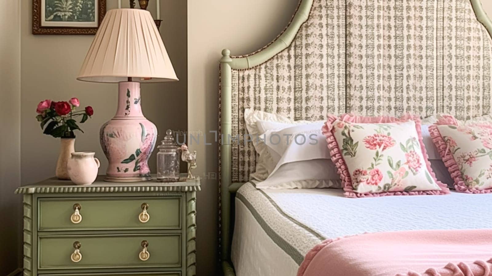 Beautiful English cottage bedroom interior with pink and sage green decor