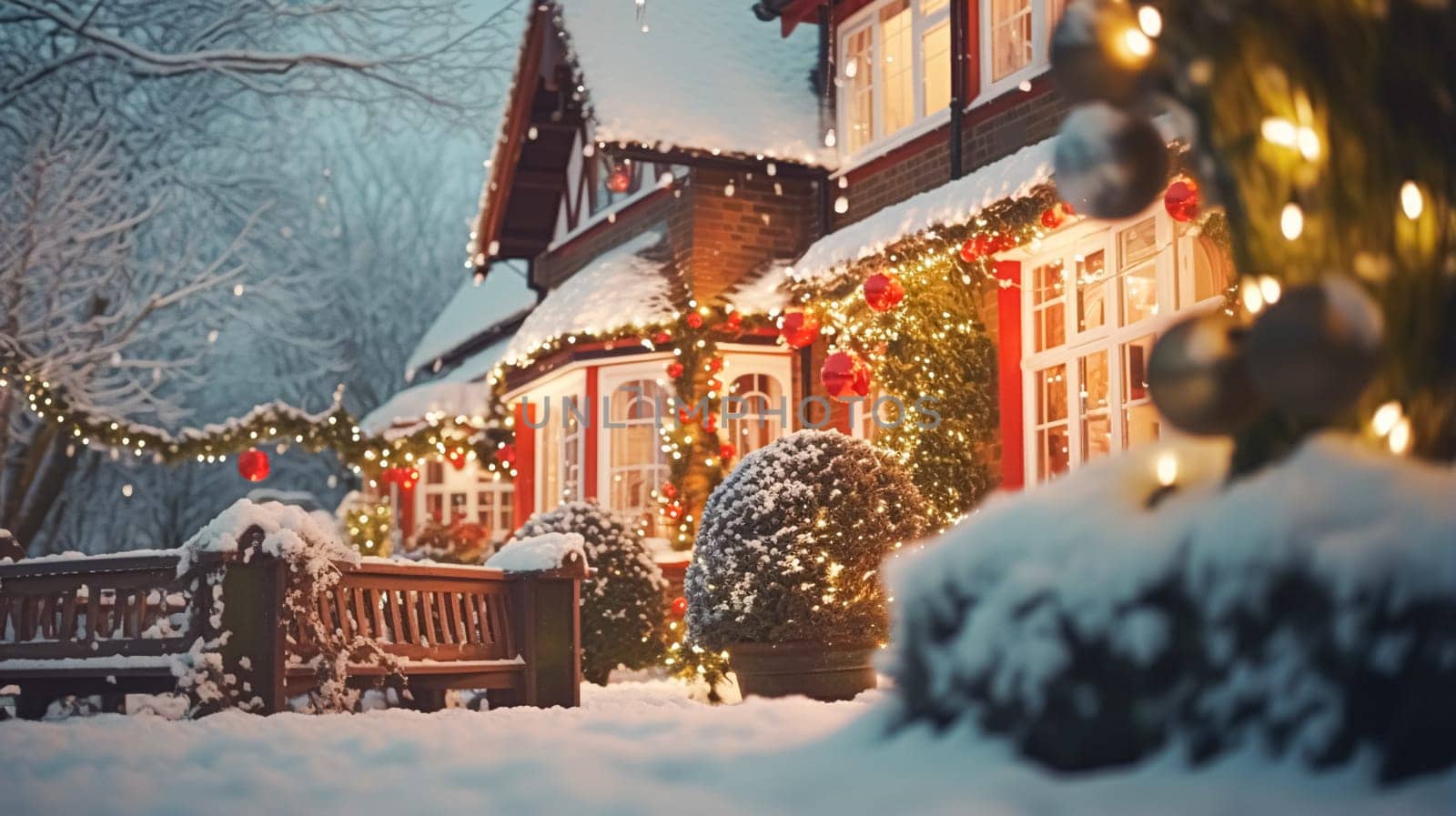 Christmas in the countryside manor, English country house mansion decorated for holidays on a snowy winter evening with snow and holiday lights, Merry Christmas and Happy Holidays design