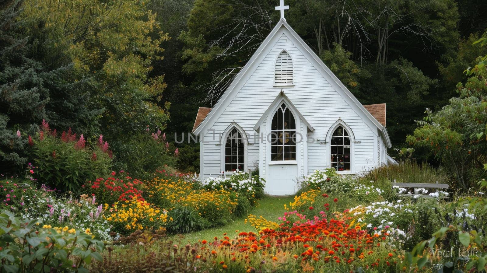 A small white church with a cross on top sits in a lush green garden. The garden is filled with a variety of colorful flowers, including red, yellow, and purple blooms