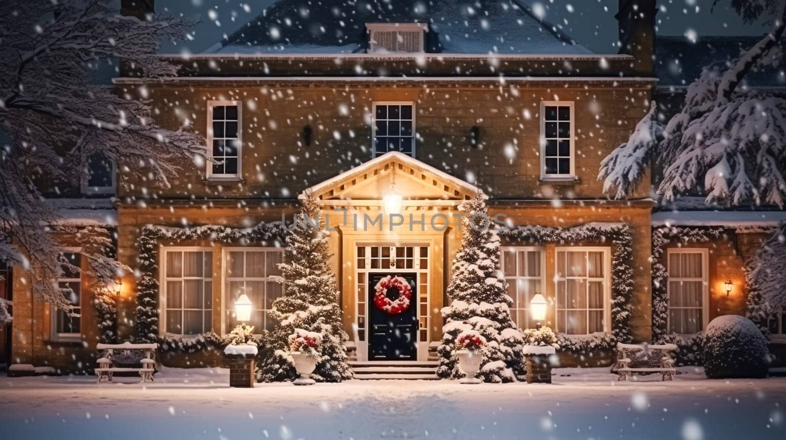 Christmas in the countryside manor, English country house mansion decorated for holidays on a snowy winter evening with snow and holiday lights, Merry Christmas and Happy Holidays design