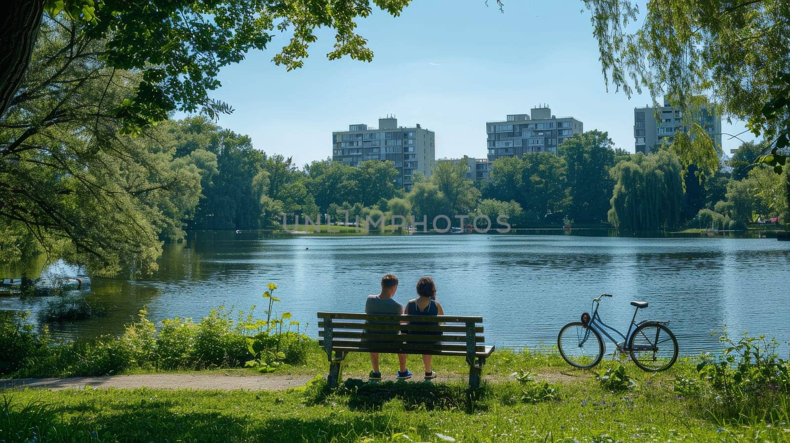 Two people are sitting on a bench by a lake. The lake is calm and peaceful, and the trees surrounding it provide a serene atmosphere. The couple is enjoying the view and each other's company