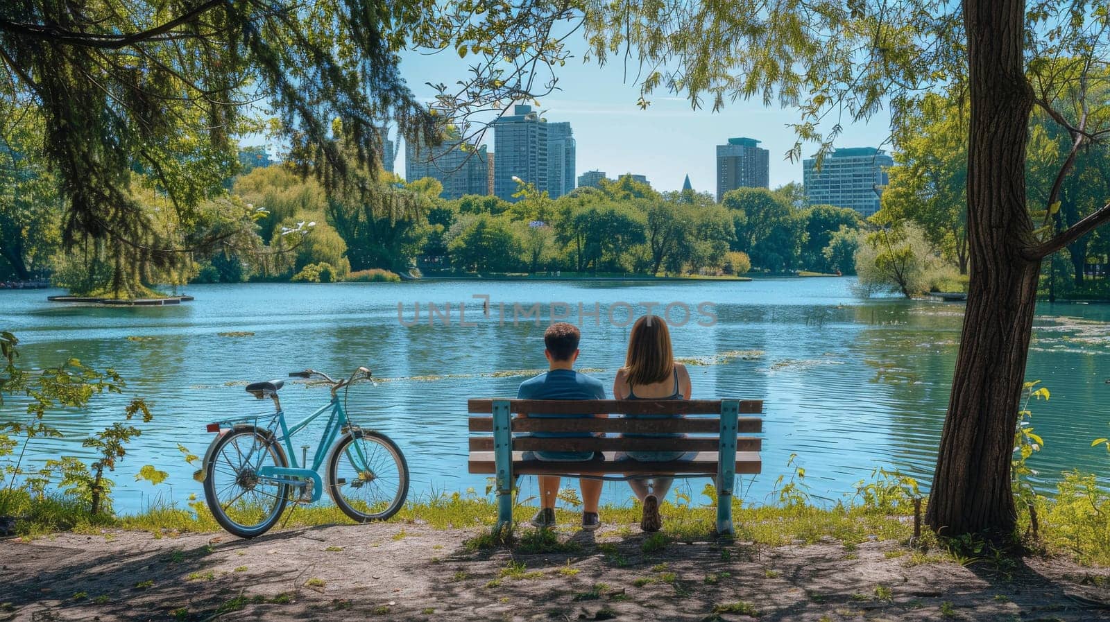 Two people are sitting on a bench by a lake. The lake is calm and peaceful, and the trees surrounding it provide a serene atmosphere. The couple is enjoying the view and each other's company