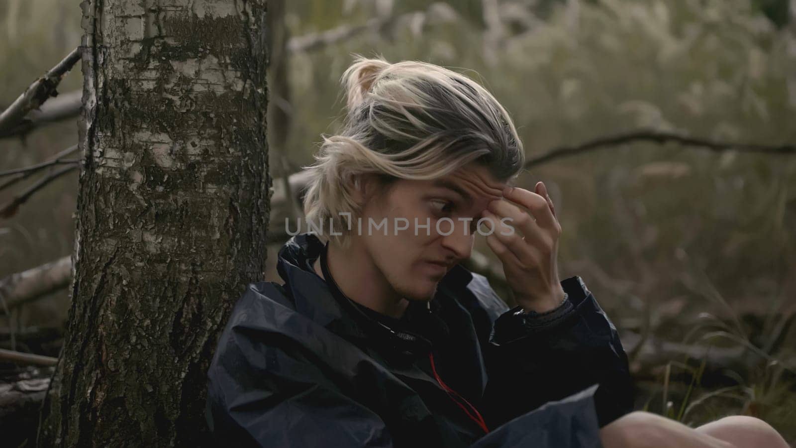 Young man sits in despair by tree in forest. Stock. Young man got lost and is sitting by tree in forest. Man got tired of hiking and got lost.