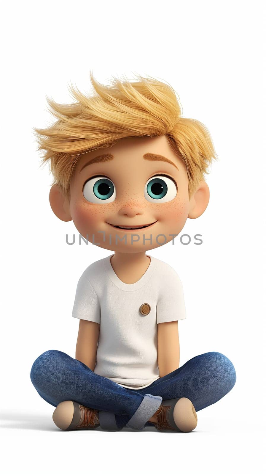 A cheerful animated young boy with blonde hair sits cross-legged, wearing a casual white t-shirt and blue jeans, exuding a friendly demeanor against a white backdrop - Generative AI