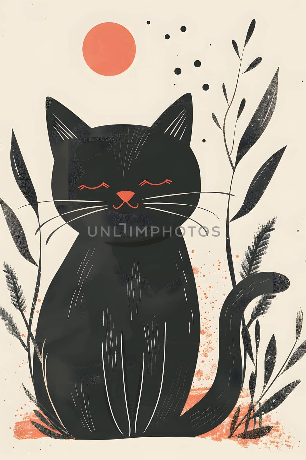 A Felidae carnivore, the black Cat sits in the grass with closed eyes. Its whiskers blend in with the plants, creating a picturesque scene perfect for a painting