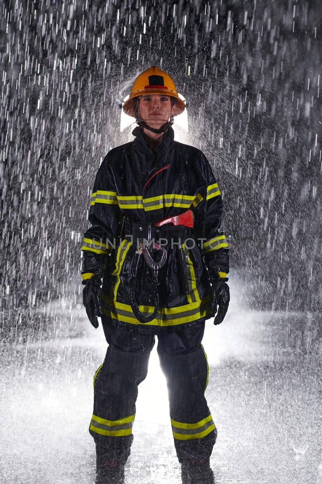 A determined female firefighter in a professional uniform striding through the dangerous, rainy night on a daring rescue mission, showcasing her unwavering bravery and commitment to saving lives. by dotshock