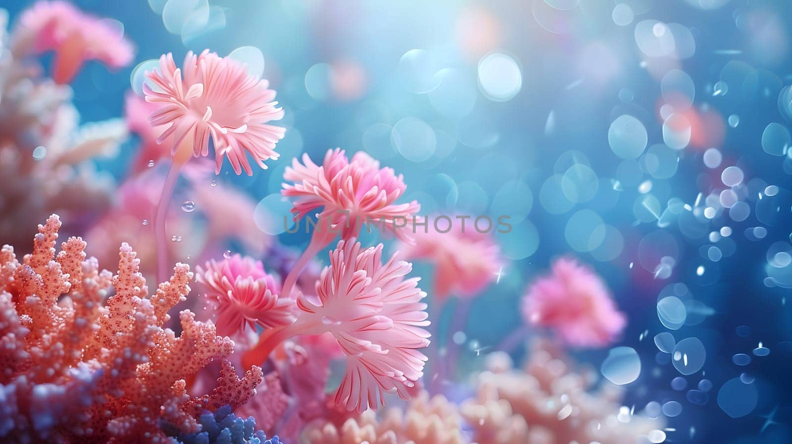 Various flowerlike corals bloom in electric blue and magenta hues underwater by Nadtochiy