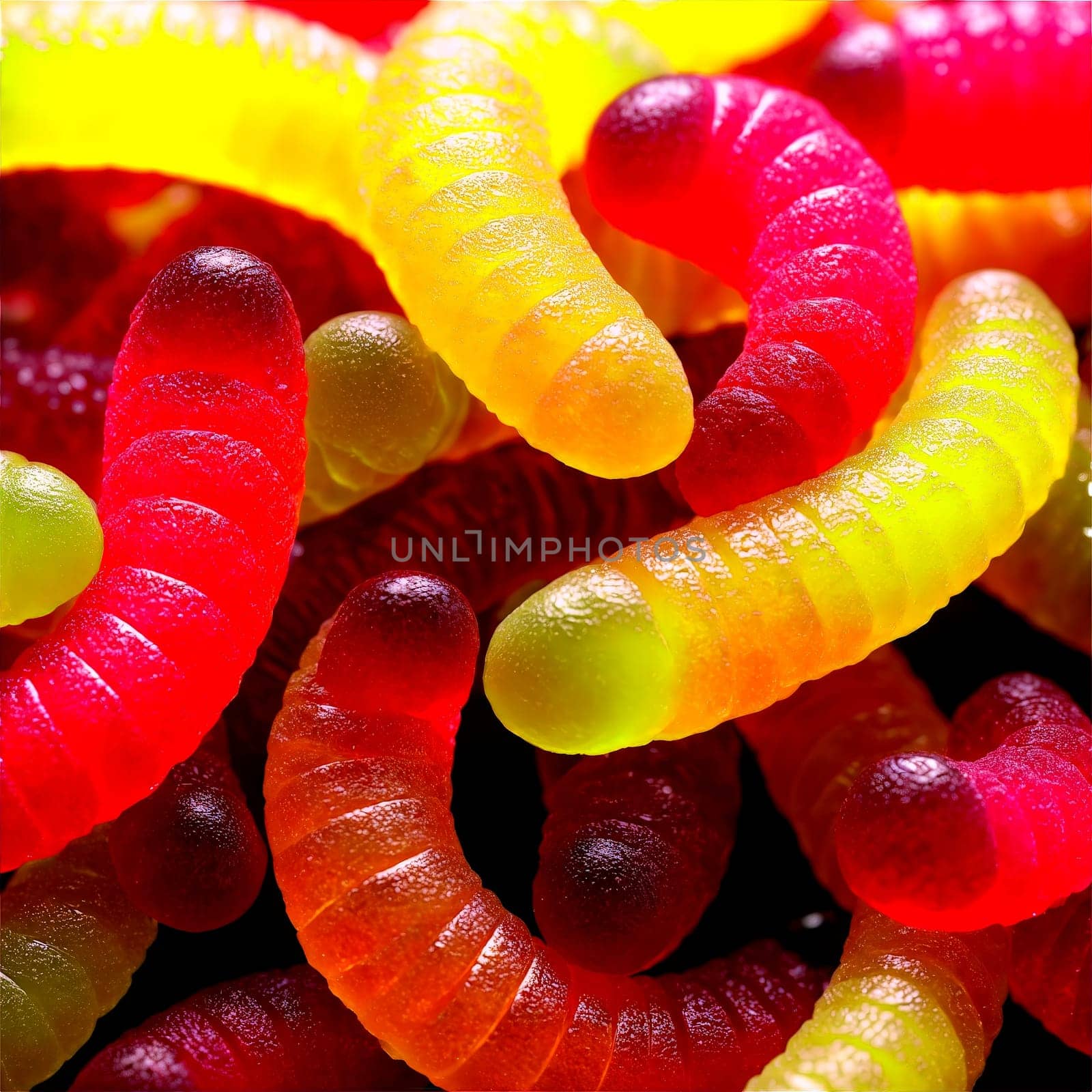 Sour gummy worms wriggling and squirming in a tangy neon frenzy with sour sugar crystals. Food isolated on transparent background.