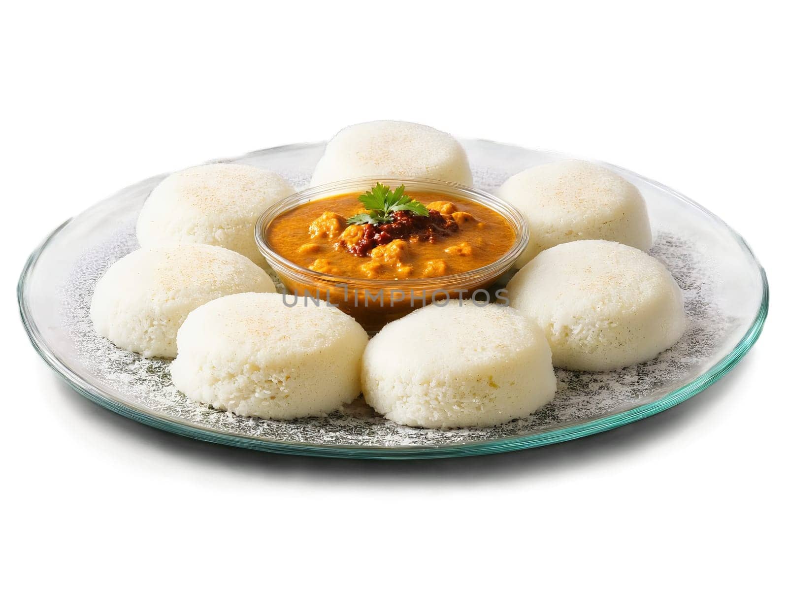 Idli Soft fluffy idlis steamed rice cakes served with a side of sambar and chutney. Food isolated on transparent background.