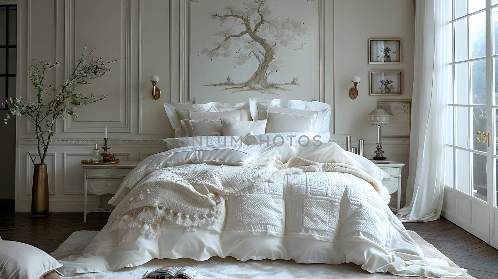 A cozy bedroom in a grey house with wooden flooring, featuring a comfortable bed frame and a window showcasing a tree on the wall