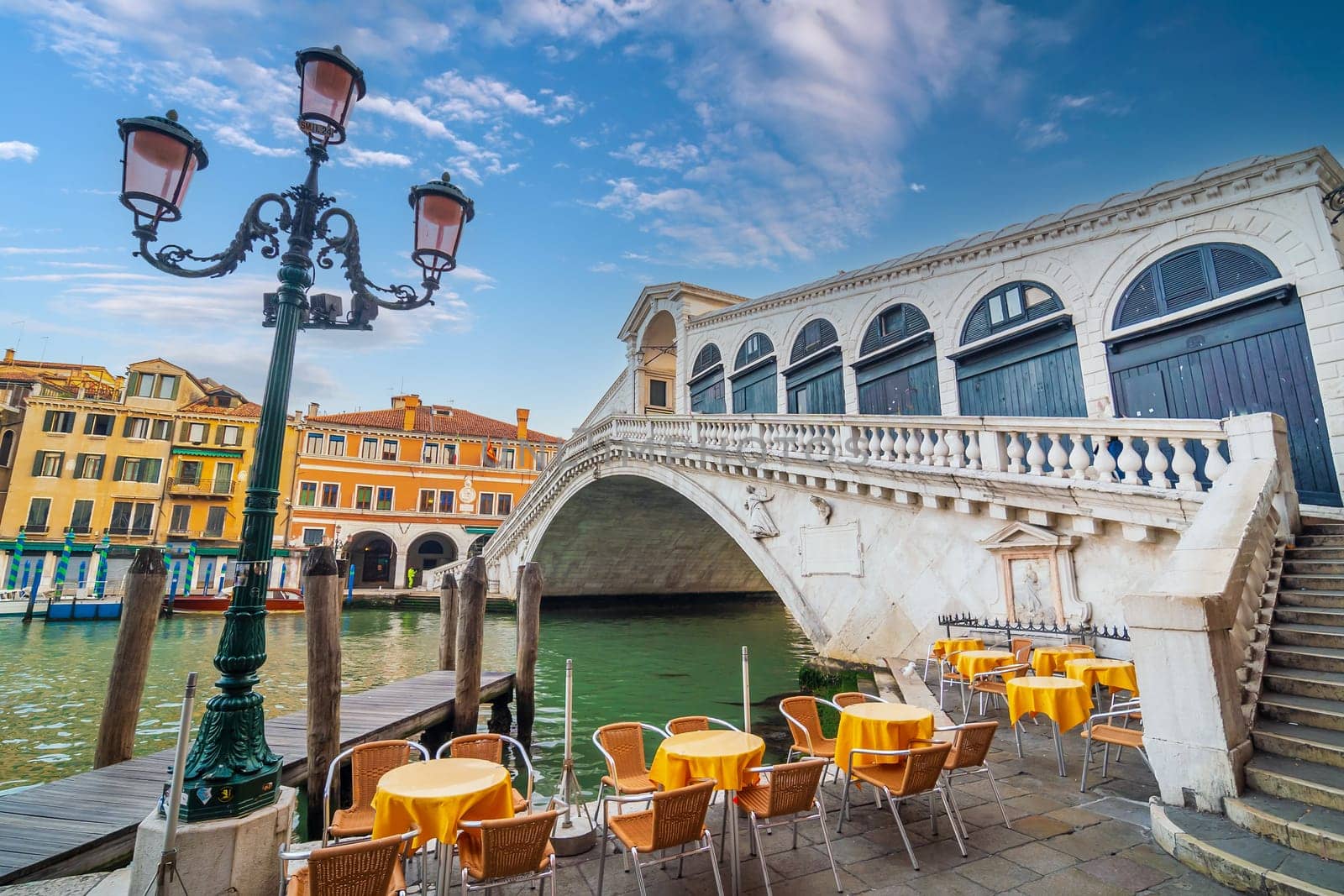 Panoramic view of famous Canal Grande with famous Rialto Bridge at sunset in Venice