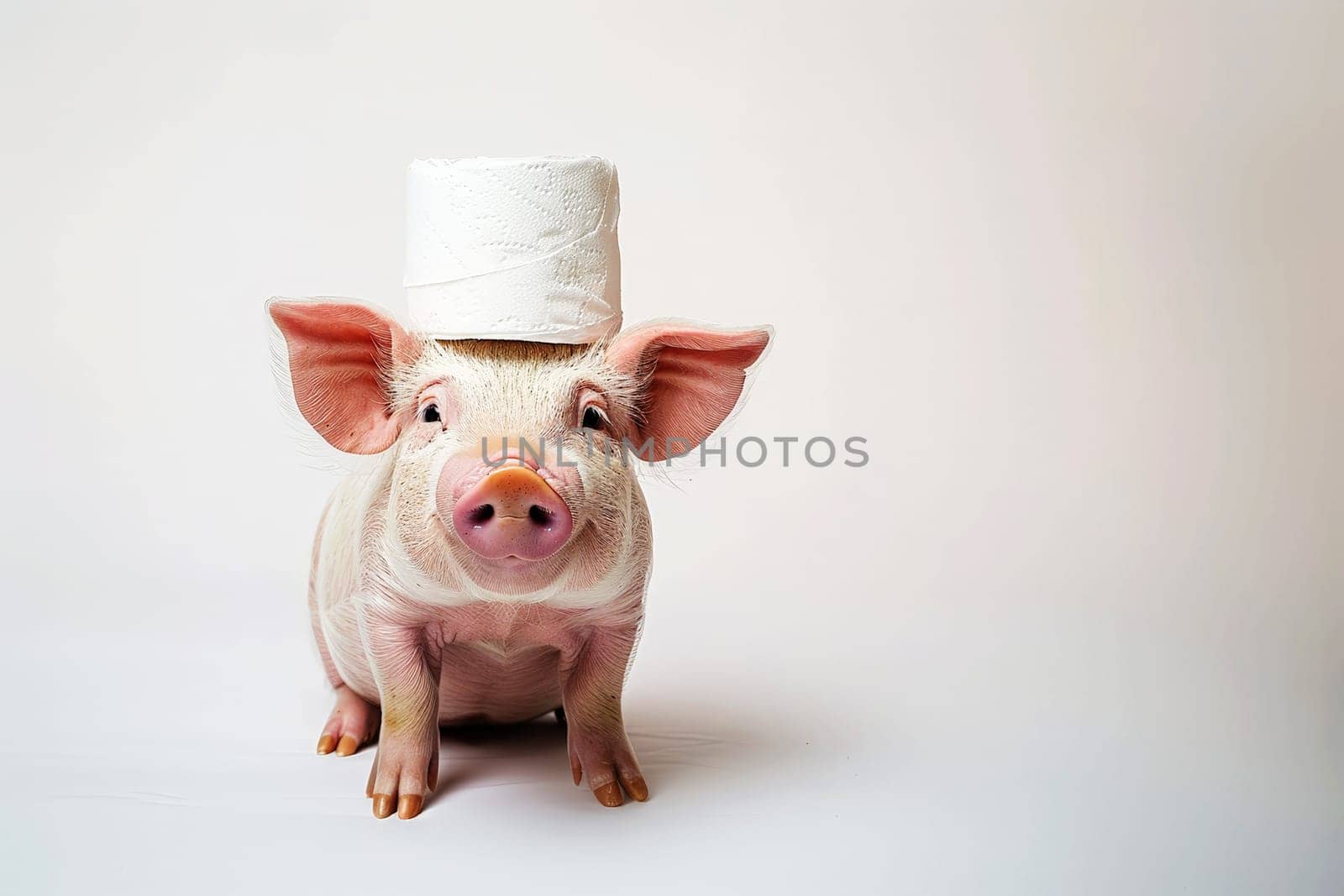 a tissue on head a cute pig standing on isolated background..