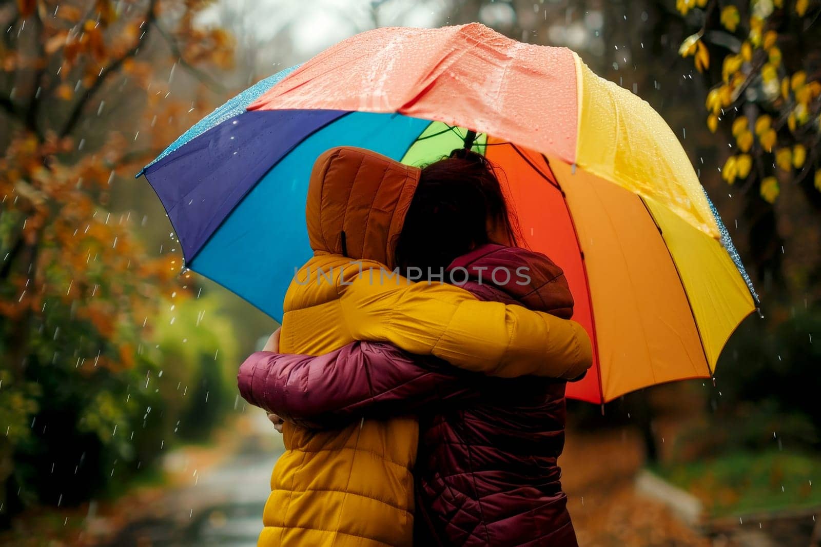 two women embracing under a rainbow umbrella in the rain. pride month concept.