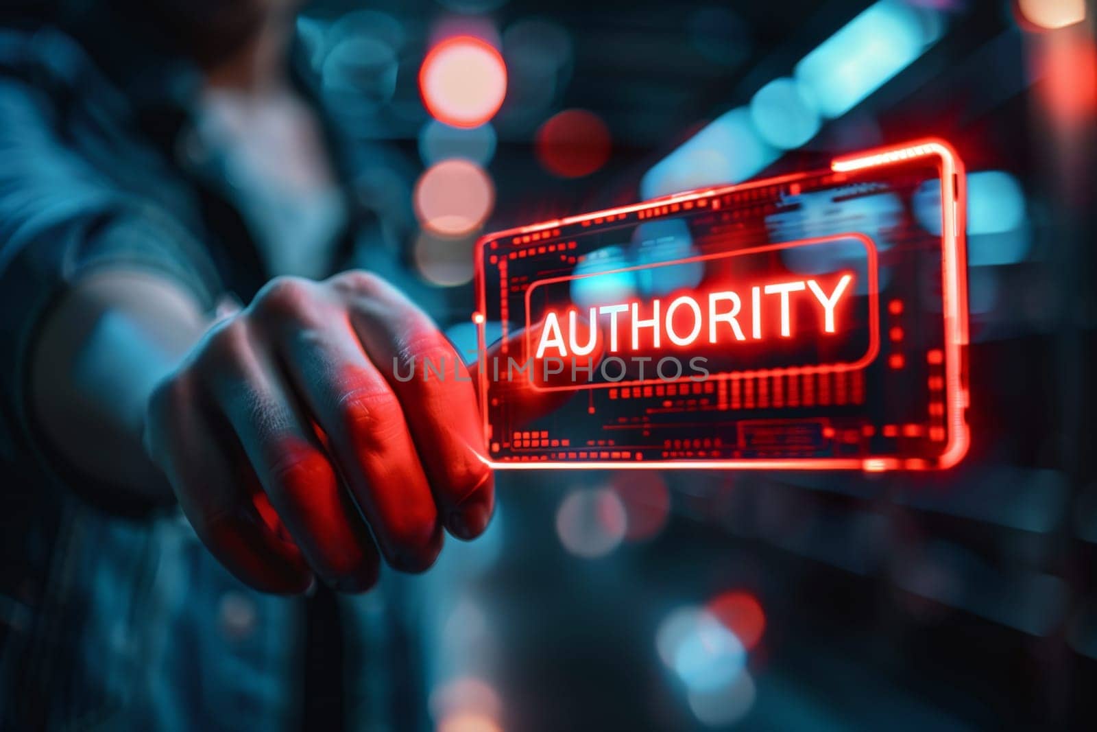 Authority which A businessman in a dark blue suit points at Authority notification sign . Generative AI..