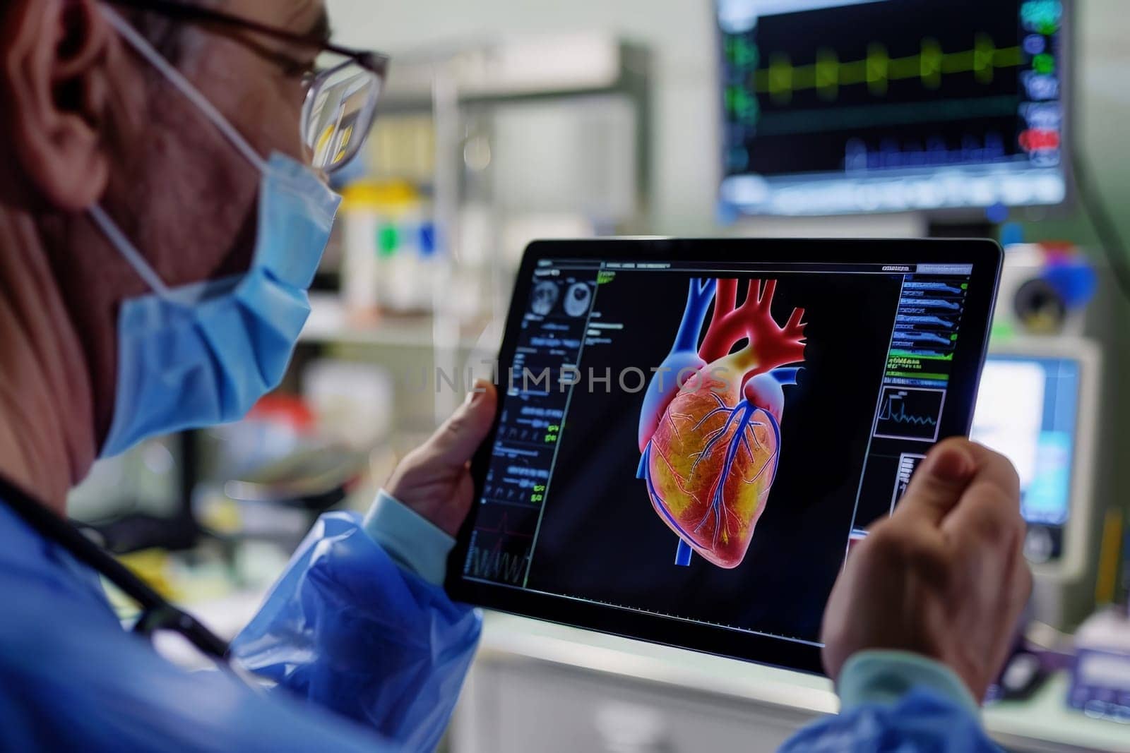 a doctor hands holding digital tablet with heart x-ray film in hospital..