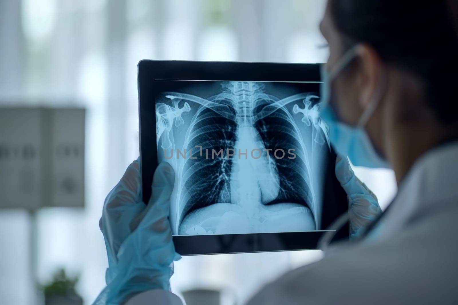 a doctor hands holding digital tablet with chest x-ray film in hospital..