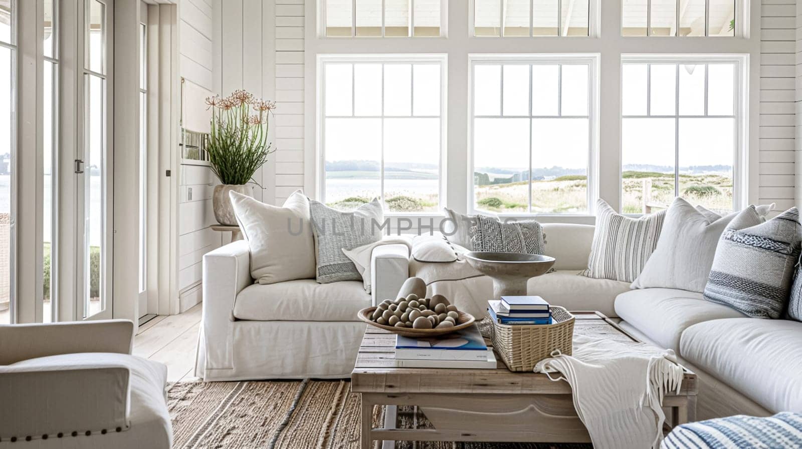 Interior of a living room with white walls, sofa and cushions. Sitting room in coastal cottage with sea view. Luxury lounge room