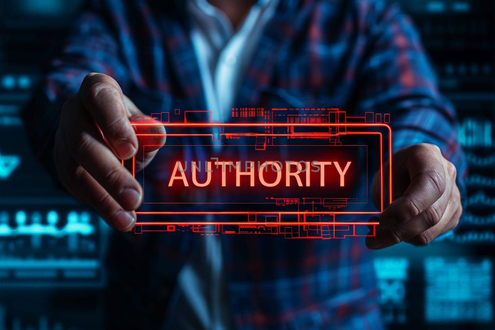 Authority which A businessman in a dark blue suit points at Authority notification sign . Generative AI..