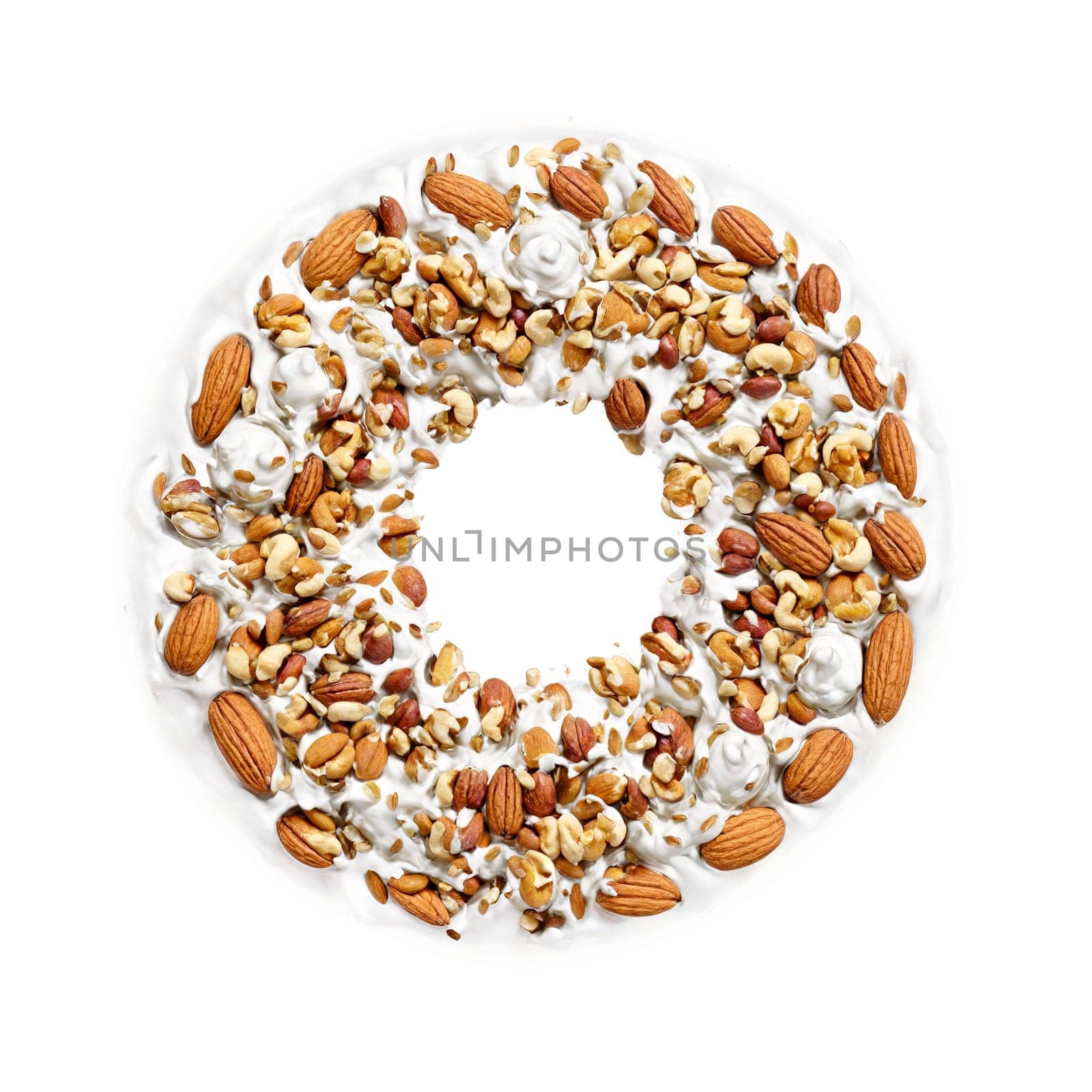 Yogurt coated nut mix mandala floating yogurt covered nuts and seeds Food and culinary concept. Food isolated on transparent background.