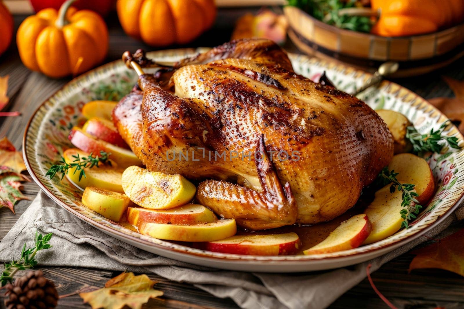 Festive Thanksgiving Table with Roasted Duck and Apples..