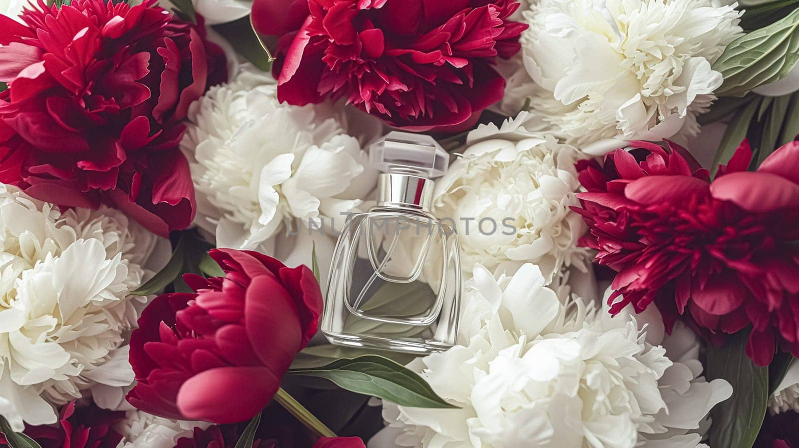 Perfume bottle with beautiful flowers. Floral background. Beauty concept. Flat lay, top view.