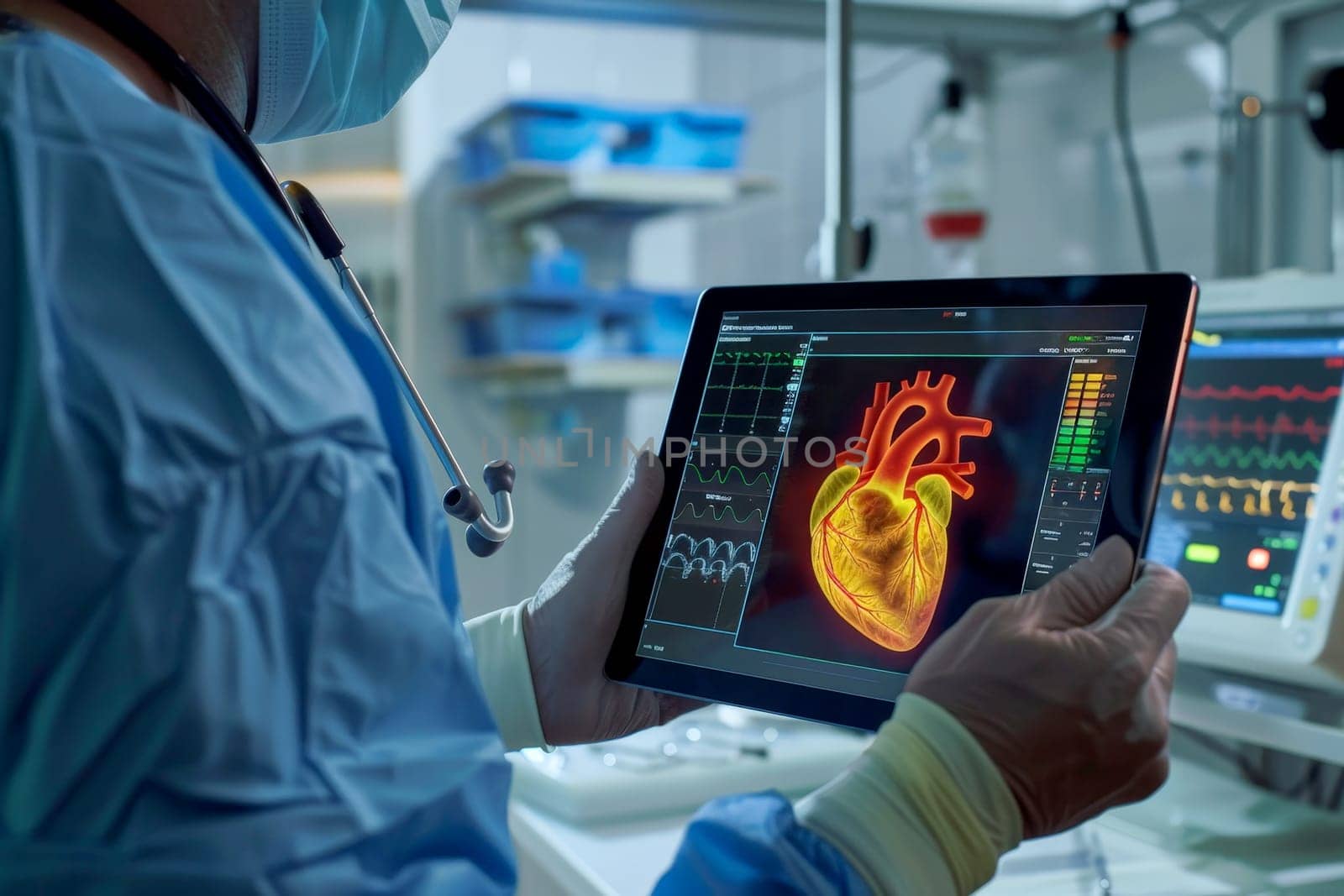 a doctor hands holding digital tablet with heart x-ray film in hospital..