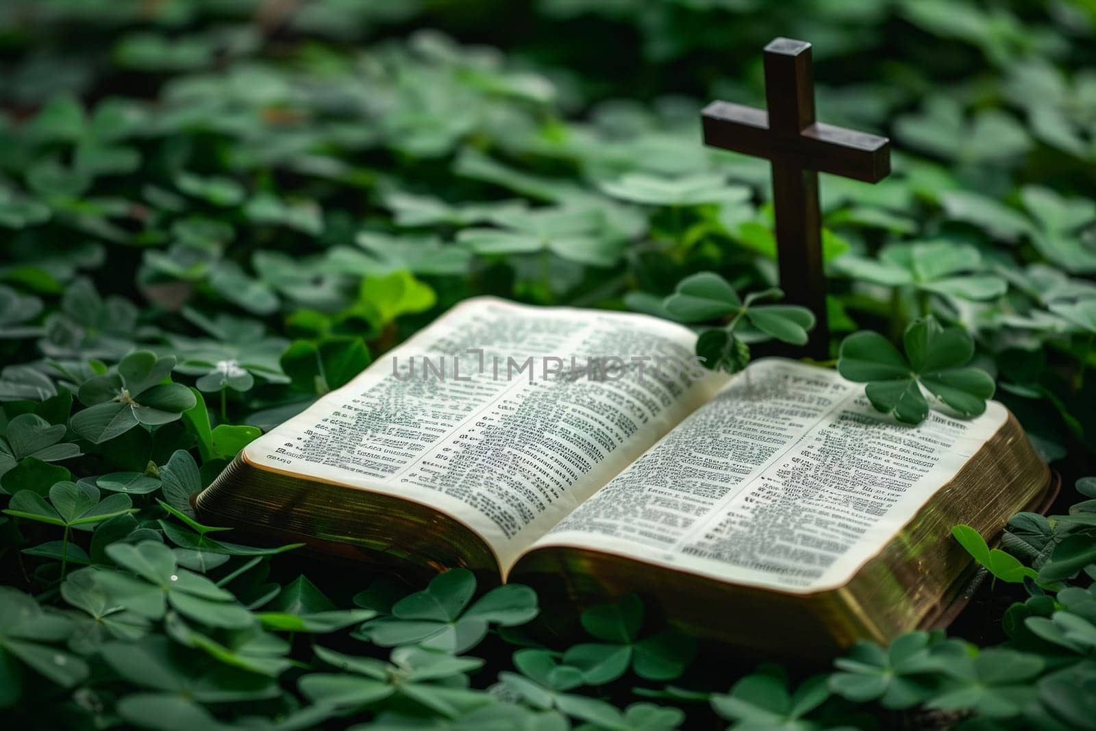 a bible book and a cross lying on the green clover leaves..
