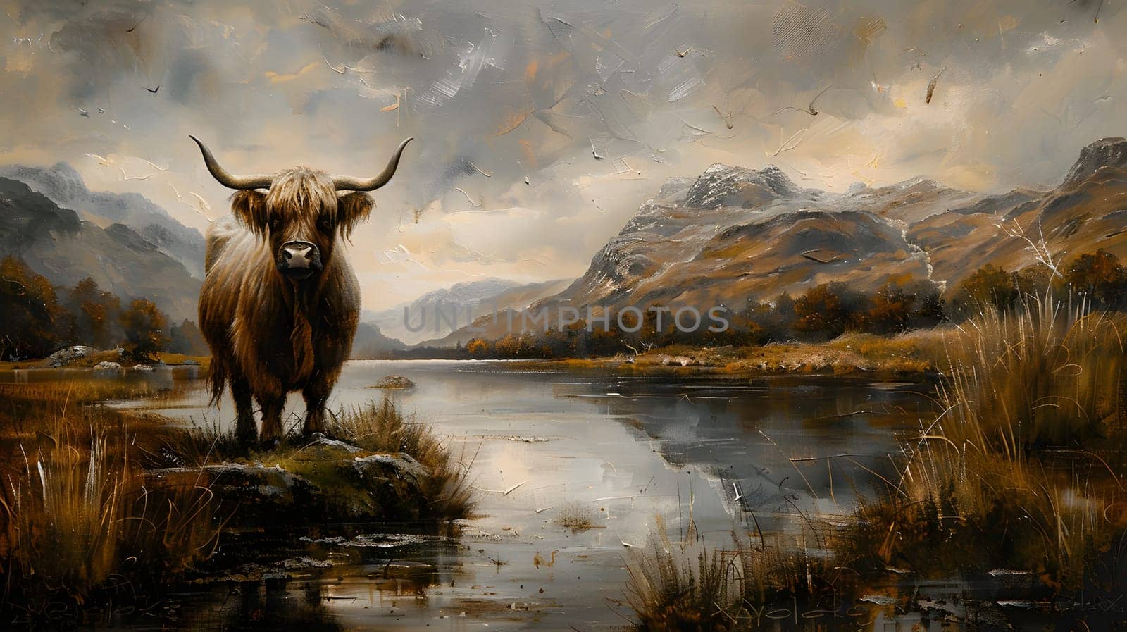 A beautiful painting capturing a cow by a serene lake with majestic mountains in the backdrop. The sky is dotted with fluffy clouds, creating a picturesque natural landscape