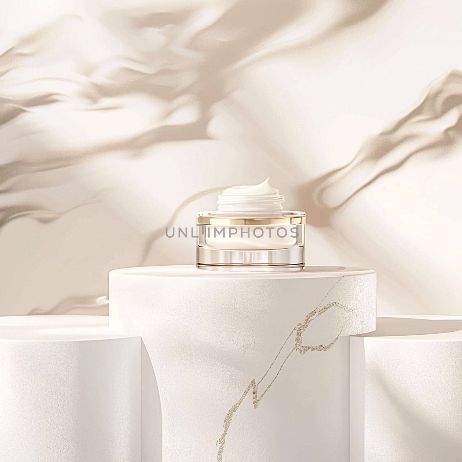 Face cream in a glass jar on a white and gold background. Skin care concept. Backdrop for beauty cosmetic products