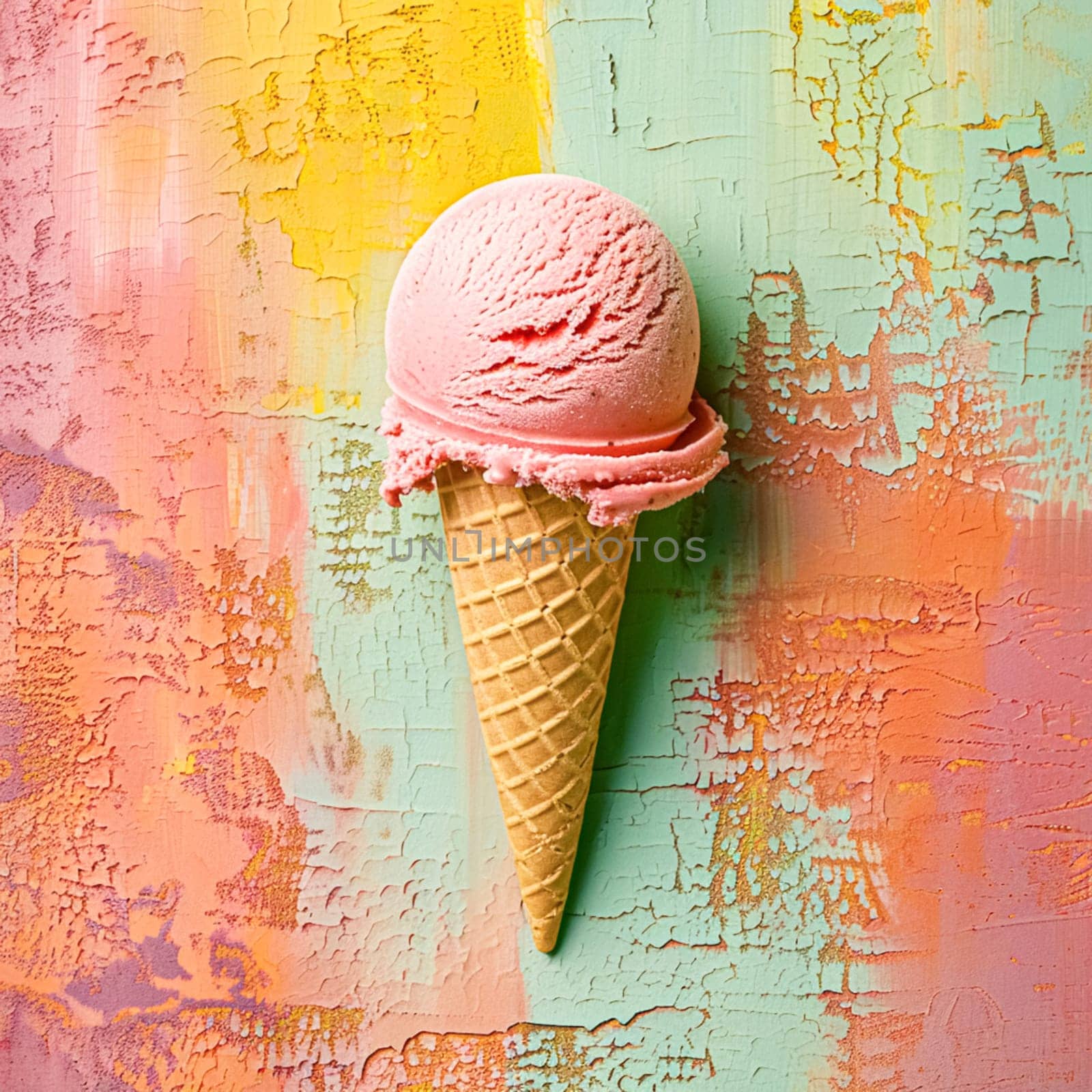 Scoops of ice cream in a waffle cone on colorful background by Olayola