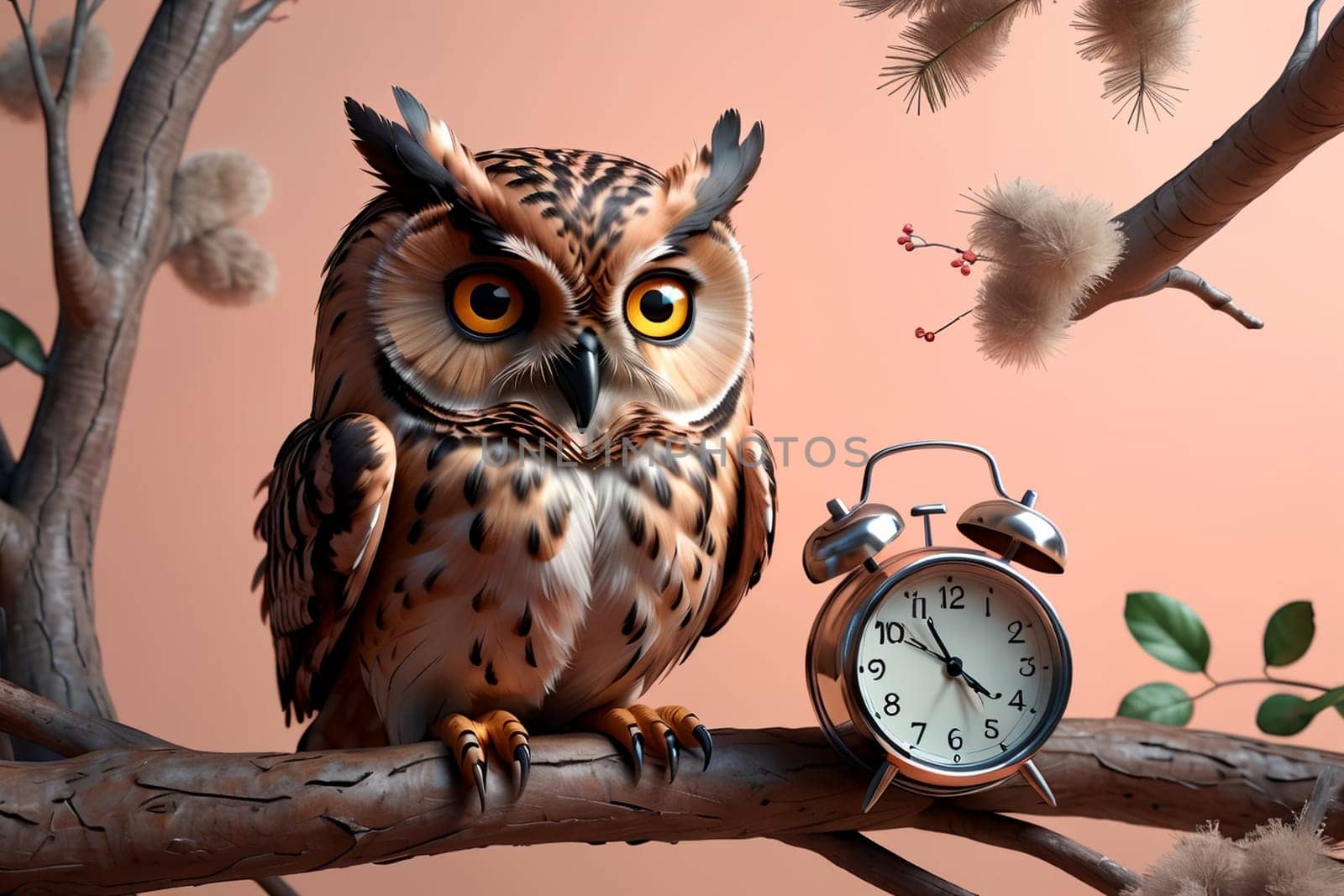 cute beautiful owl sitting with an alarm clock on a branch in the forest .