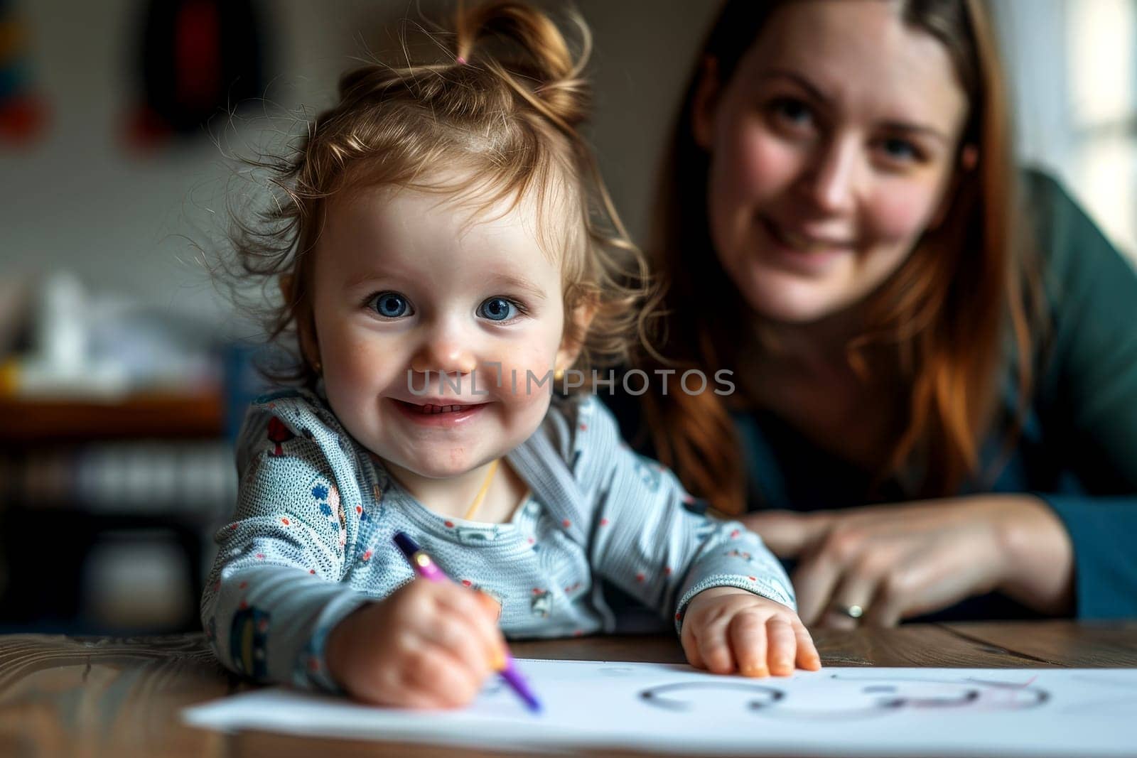 a daughter with mom drawing a coloring book..