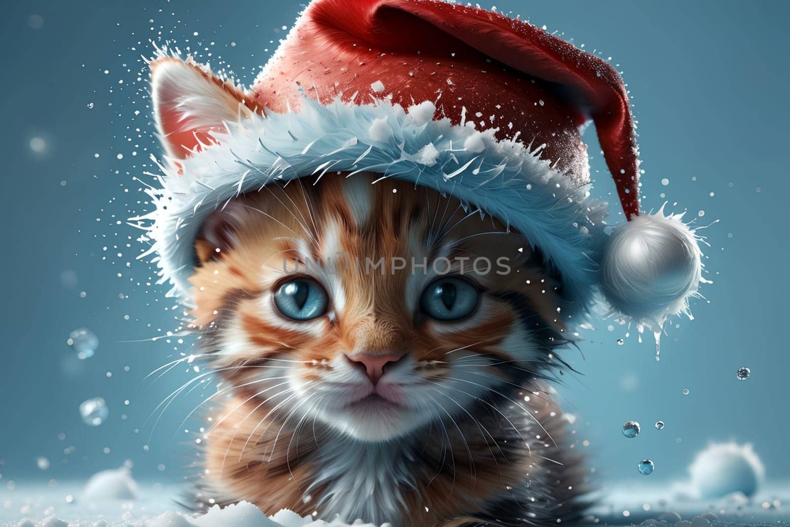 Cute kitten in a New Year's holiday hat in the snow, isolated on a blue background. New Year card .