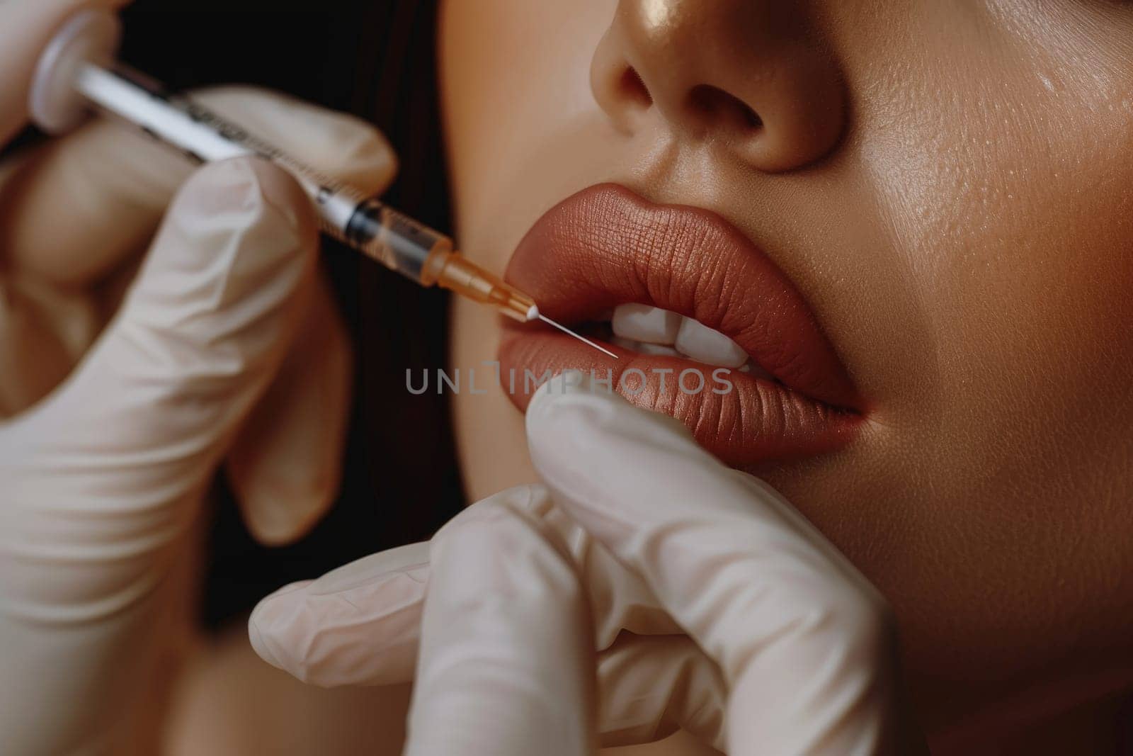 A woman is receiving a Botox injection on her lips with hyaluronic acid filler..