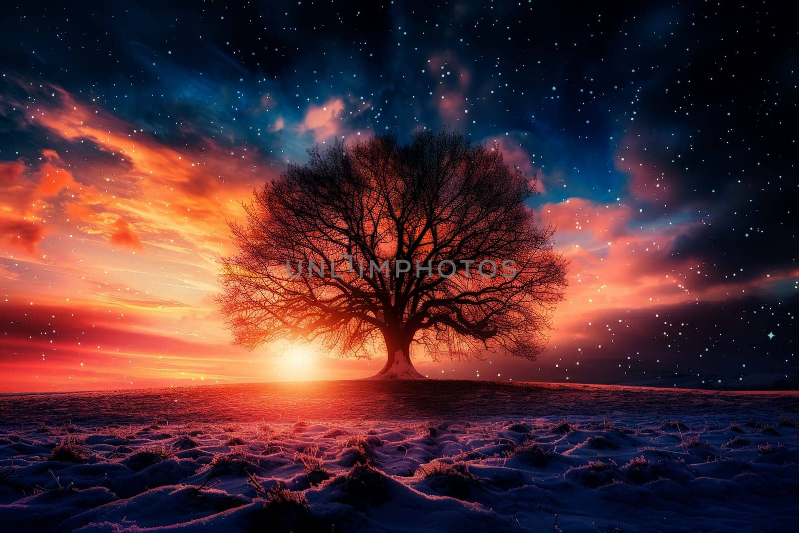 a lonely oak tree on a sunset winter with a beautiful sky background landscape. AI generated.