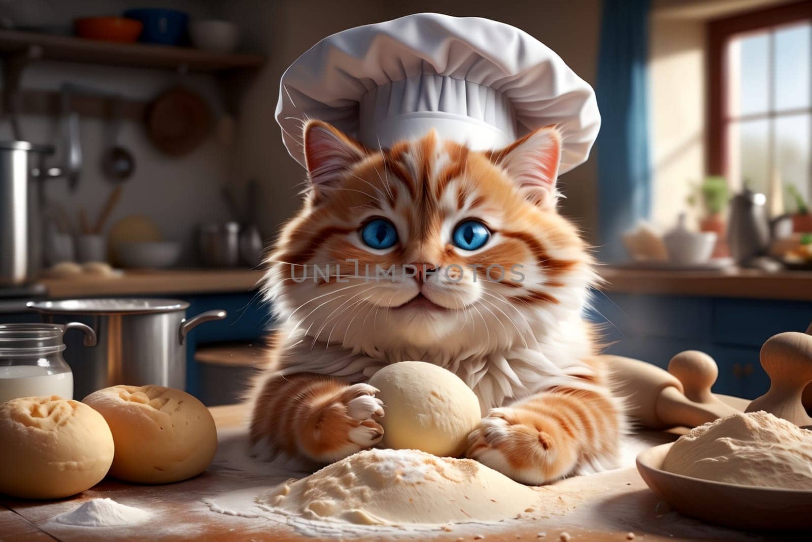 Professional chef, cute cat in a chef's hat kneads dough for bread .