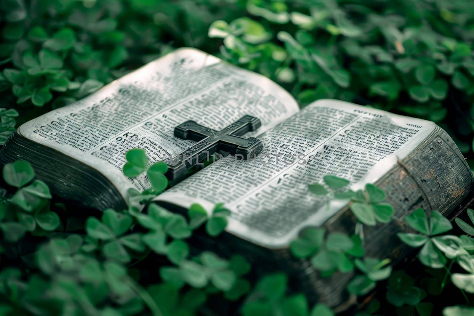 a bible book and a cross lying on the green clover leaves..