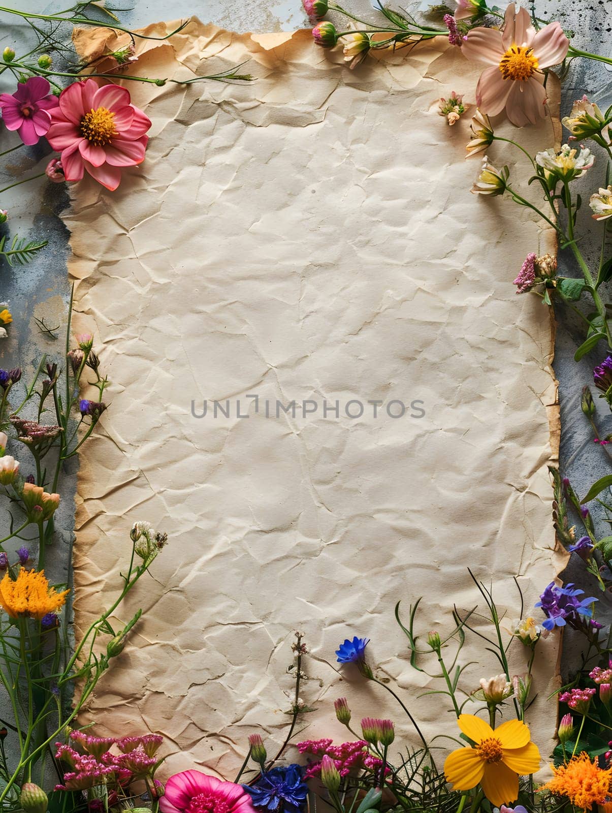 A piece of paper is adorned with botanical elements flowers, petals, and vegetation. It sits on a table as part of a floral arrangement, enhancing the landscape with its groundcover