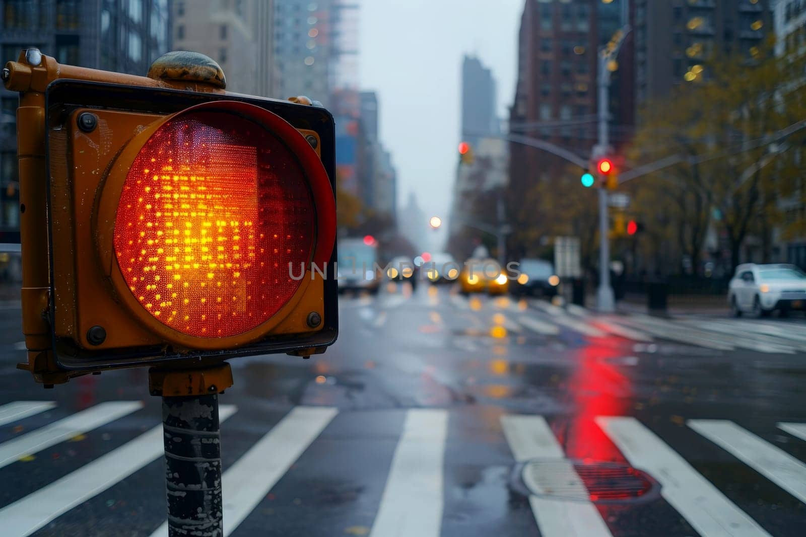 Blurred Cityscape with walking Traffic Light in Urban Evening Scene..