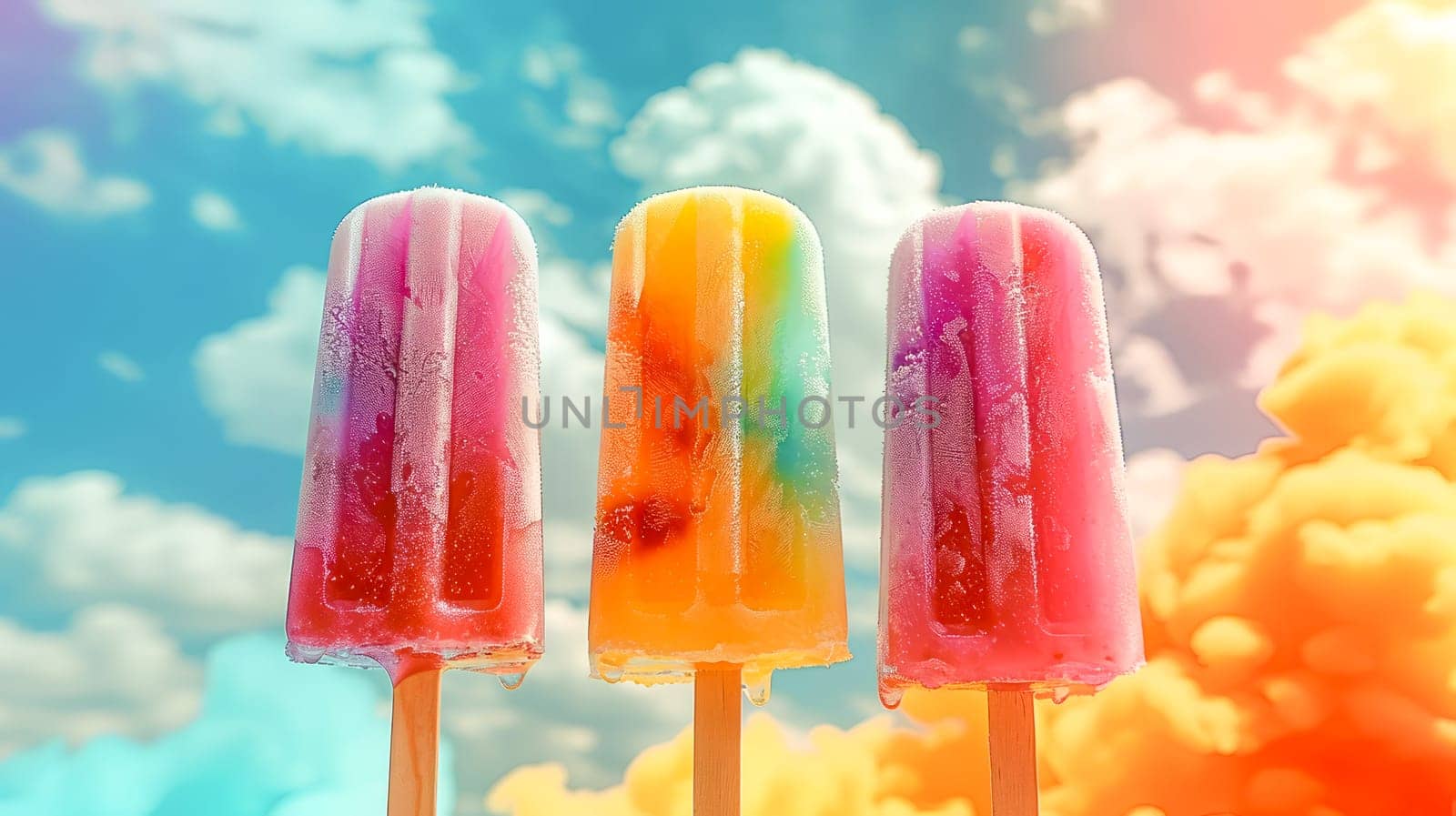 Multi-colored popsicles on a hot day against the background of a magical sky. Summer food concept.