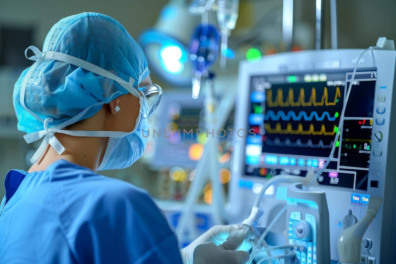 a doctor performing surgery in an operating room with Healthcare Professional Monitoring Vital Signs in Operating Room.