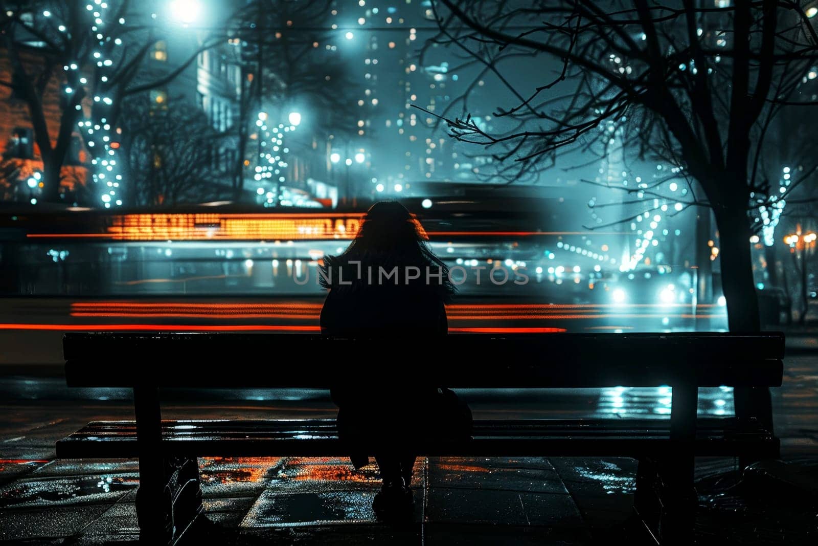 woman sitting on public bench in the Night Reflections in the City..