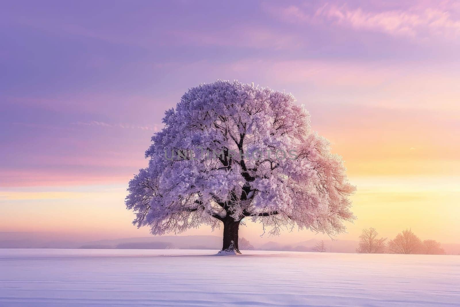 a lonely oak tree on a sunset winter with a beautiful sky background landscape. AI generated.