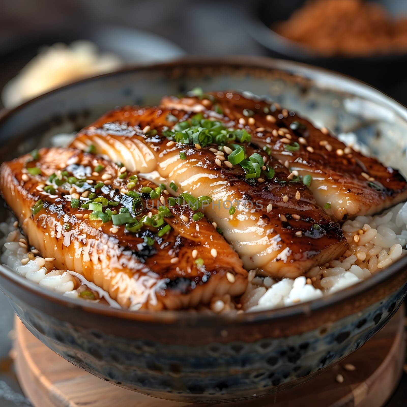 A closeup of a bowl of Unadon, a Japanese dish made with kabayaki grilled and seasoned unagi eel over a bed of rice, a traditional seafood cuisine recipe using kipper as an ingredient