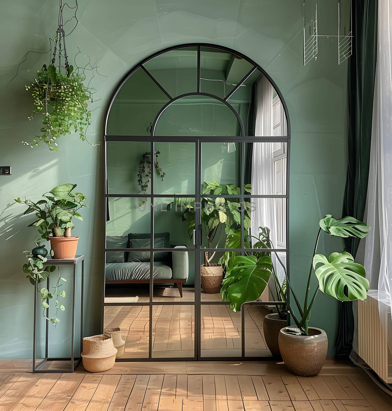 The room features a large mirror as a central fixture, complemented by houseplants in flowerpots. The wood floors and windows create a warm, inviting atmosphere in the building