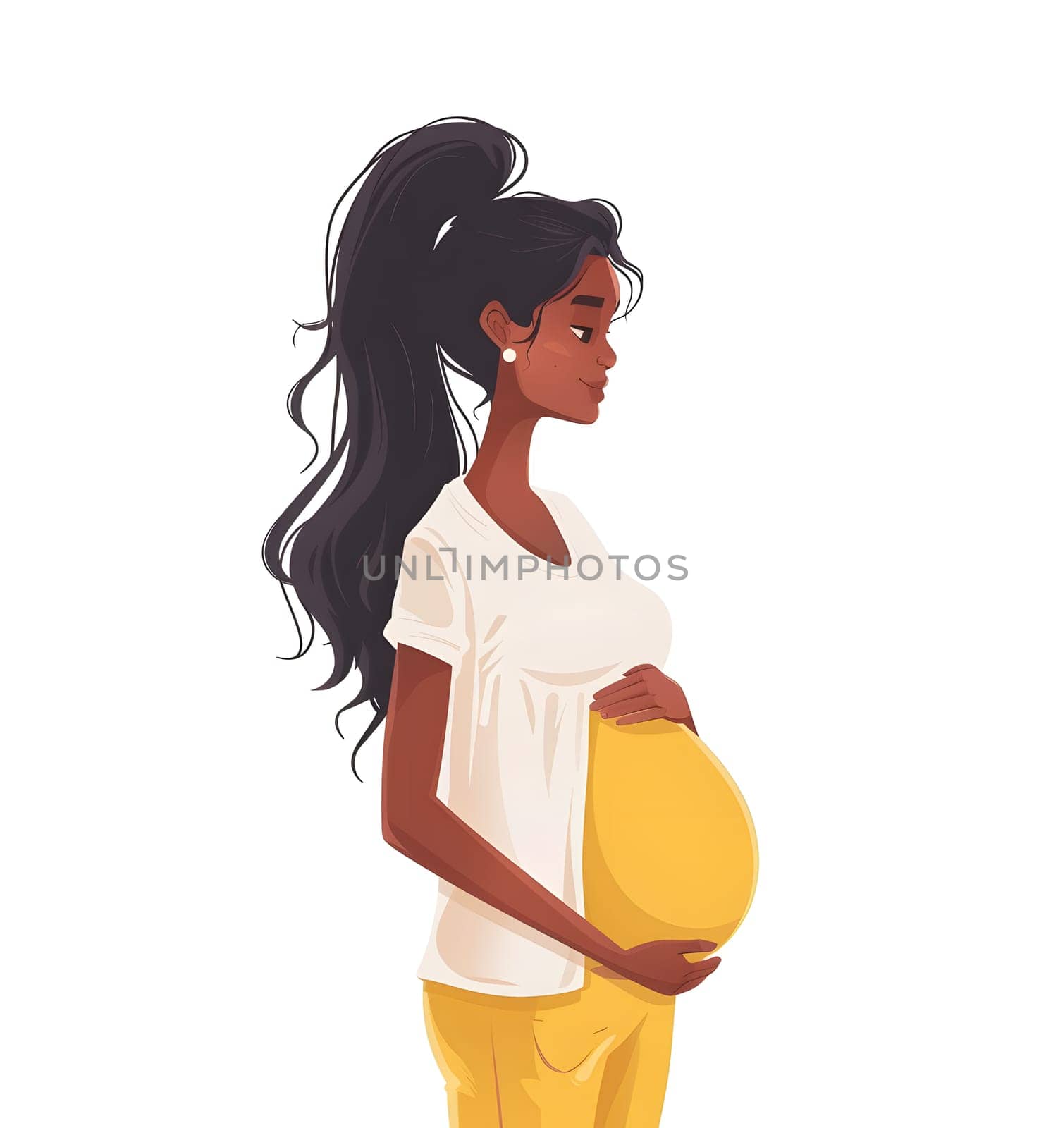 A cartoon illustration of a happy pregnant woman with brown hair holding her belly. Her waist, thigh, and sleeve gesture are showcased in this fashion design art piece